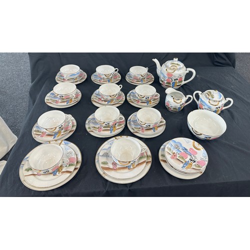 117 - Oriental hand painted tea service with marks to base to include 11 cups complete cups and saucers, t... 