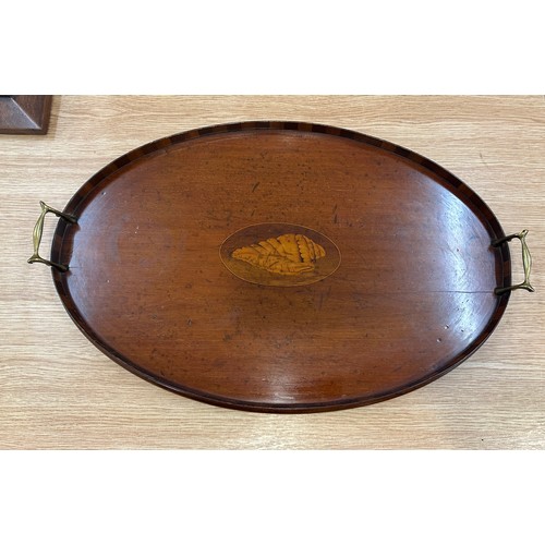 310 - Vintage wood and brass handled serving tray measures approx 14 inches long