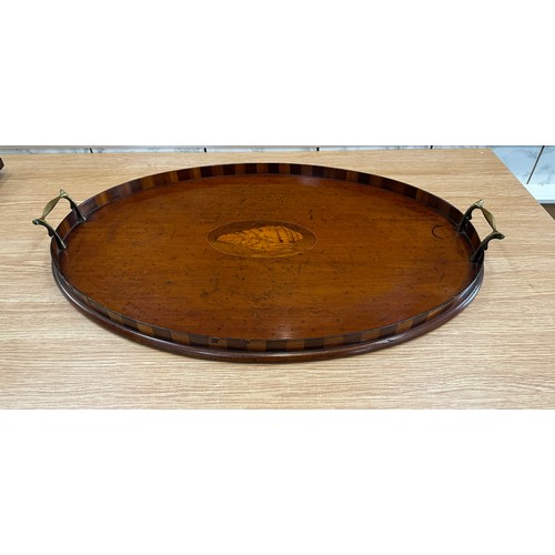 310 - Vintage wood and brass handled serving tray measures approx 14 inches long