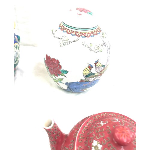 307 - Two large oriental ginger jars marks to base measures approx 9 inches tall and two oriental tea pots