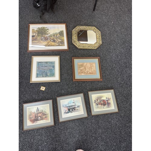 228 - Six framed vintage prints and a gilt framed mirror largest measures approx 23 inches wide