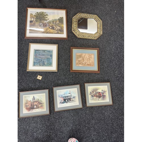 228 - Six framed vintage prints and a gilt framed mirror largest measures approx 23 inches wide