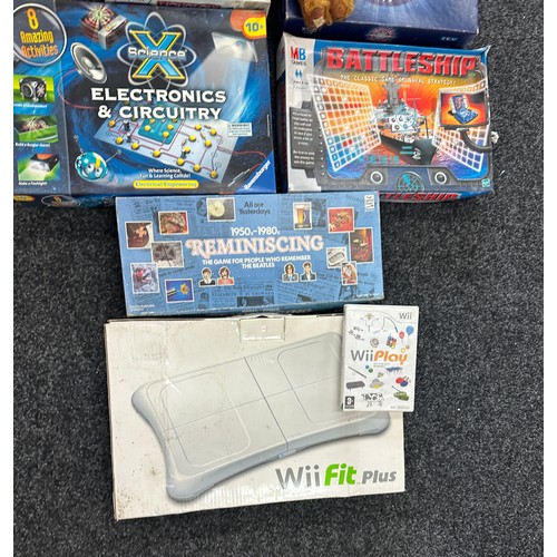 198 - Selection of vintage and later toys and games to include Pebli toys virtual play, wii fit board, bat... 