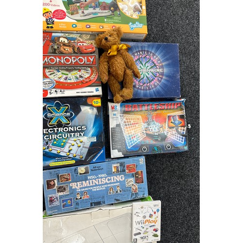 198 - Selection of vintage and later toys and games to include Pebli toys virtual play, wii fit board, bat... 