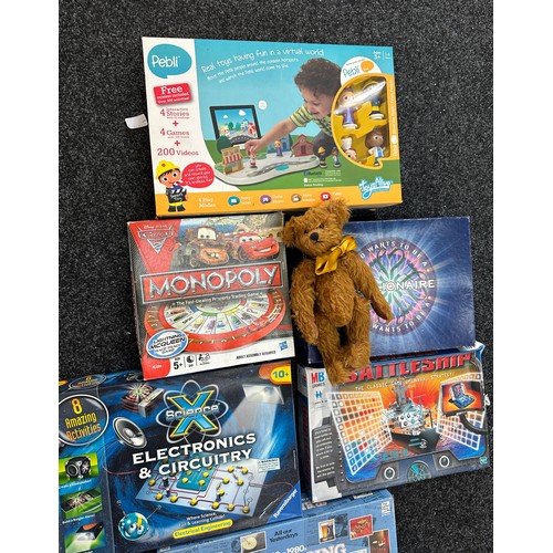 198 - Selection of vintage and later toys and games to include Pebli toys virtual play, wii fit board, bat... 