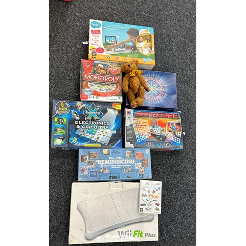 198 - Selection of vintage and later toys and games to include Pebli toys virtual play, wii fit board, bat... 