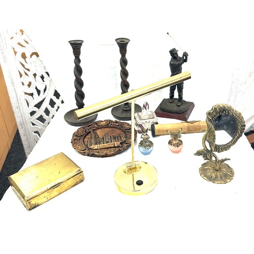 83 - Selection of vintage collectable items to include wooden barley twist candle sticks, novelty perfume... 