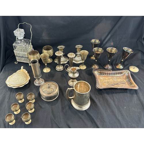 265 - Selection of silver plated ware to include tankard, candle sticks, decanter and stand etc