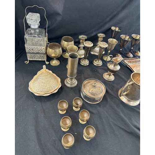 265 - Selection of silver plated ware to include tankard, candle sticks, decanter and stand etc