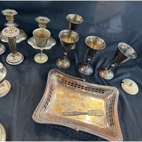 265 - Selection of silver plated ware to include tankard, candle sticks, decanter and stand etc