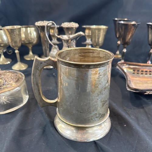 265 - Selection of silver plated ware to include tankard, candle sticks, decanter and stand etc