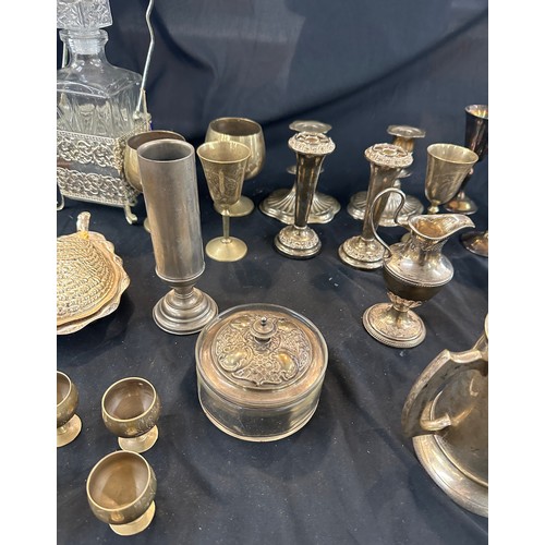 265 - Selection of silver plated ware to include tankard, candle sticks, decanter and stand etc