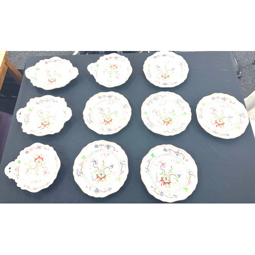 60 - Six hand painted oriental plates and three hand painted oriental serving dishes no marks to base