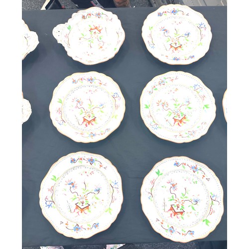 60 - Six hand painted oriental plates and three hand painted oriental serving dishes no marks to base