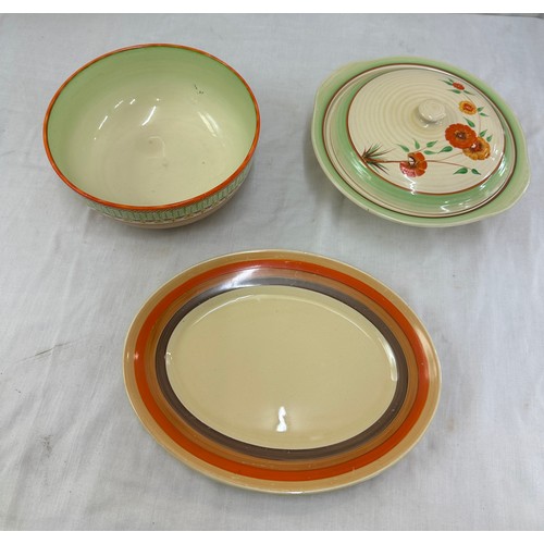 48 - Three pieces of Clarice Cliff to include a tureen, bowl and serving plate