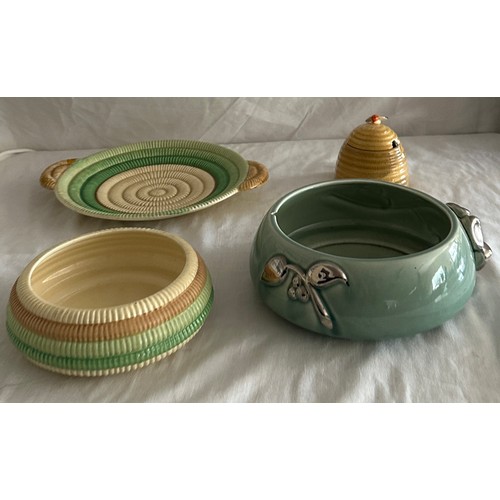 74 - Selection of Clarice Cliff items to include a honey pot, bowl and plate