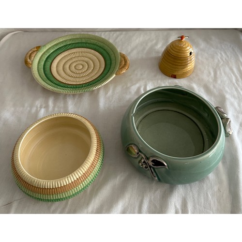 74 - Selection of Clarice Cliff items to include a honey pot, bowl and plate