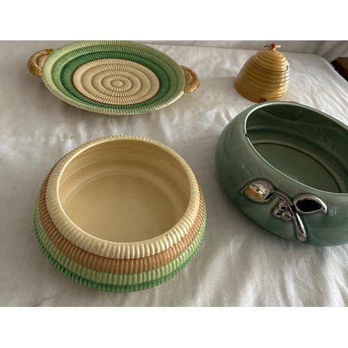 74 - Selection of Clarice Cliff items to include a honey pot, bowl and plate