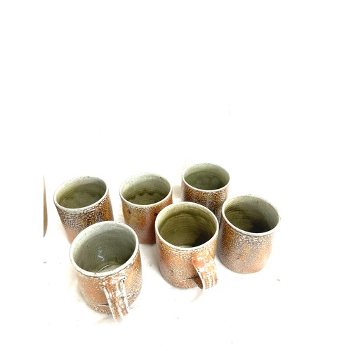 21 - Earthenware pot and 6 cups muchelney, mugs marked S.W