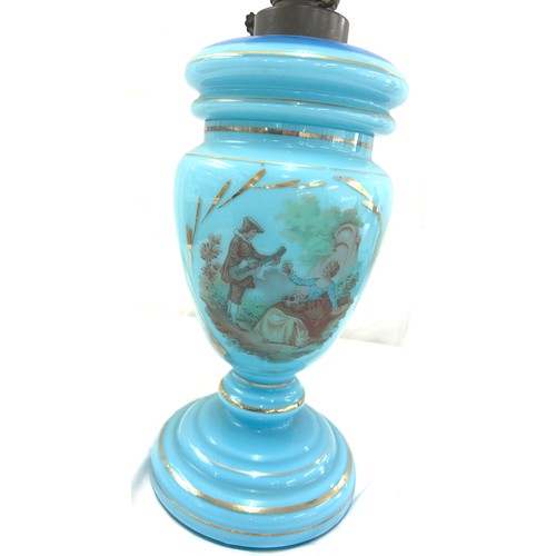 441 - Vintage blue glass oil lamp, height approximately 24 inches