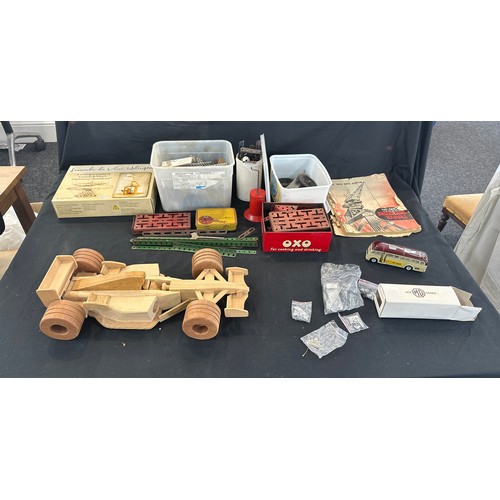 186 - Selection of model making equipment includes meccano, wooden car etc