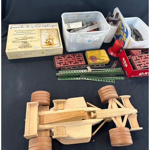 186 - Selection of model making equipment includes meccano, wooden car etc