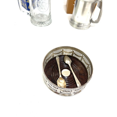 617 - Selection of collectable items includes binoculars, tankard, silver plated coaster etc