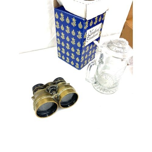 617 - Selection of collectable items includes binoculars, tankard, silver plated coaster etc