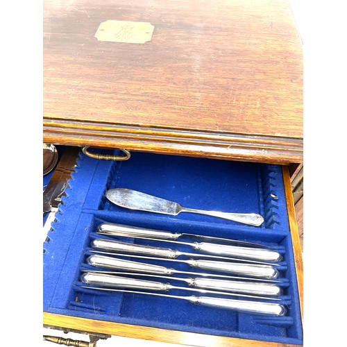 278 - Large wooden cutlery box with a selection of silver plated cutlery box measures approximately 12 inc... 