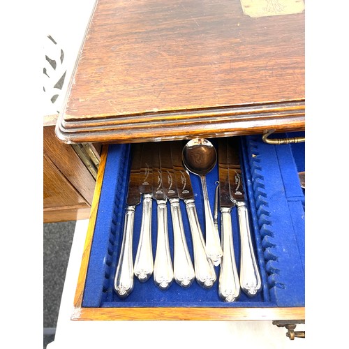 278 - Large wooden cutlery box with a selection of silver plated cutlery box measures approximately 12 inc... 