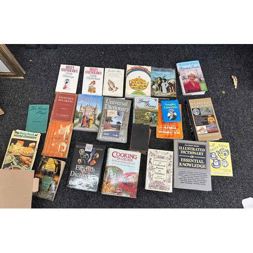 140 - Large selection of vintage and later books to include cookery, dictionaries etc