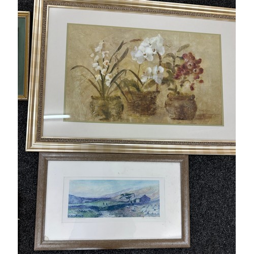 134 - Selection of vintage watercolors, prints and a gilt framed oil on canvas some signed largest measure... 