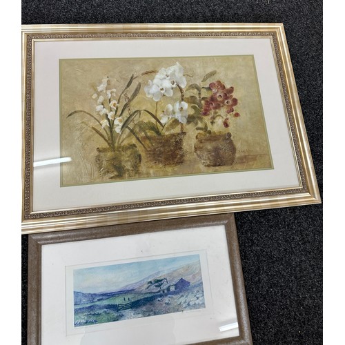 134 - Selection of vintage watercolors, prints and a gilt framed oil on canvas some signed largest measure... 