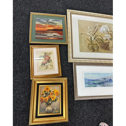 134 - Selection of vintage watercolors, prints and a gilt framed oil on canvas some signed largest measure... 