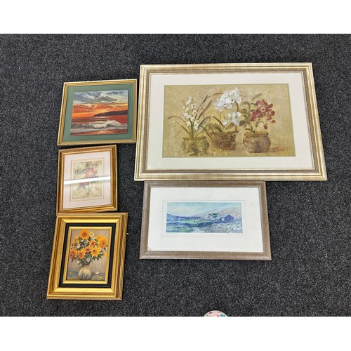 134 - Selection of vintage watercolors, prints and a gilt framed oil on canvas some signed largest measure... 