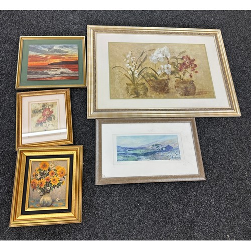 134 - Selection of vintage watercolors, prints and a gilt framed oil on canvas some signed largest measure... 