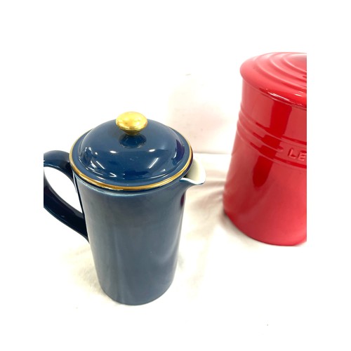 44 - Le creuset lidded pot and 2 ceramic tea pots