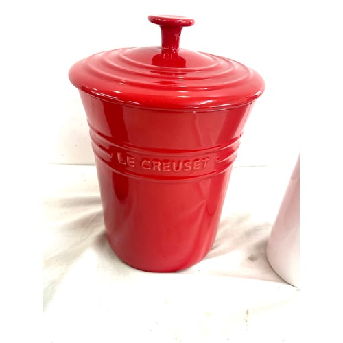 44 - Le creuset lidded pot and 2 ceramic tea pots