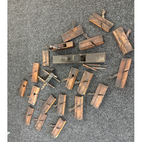 180 - Large box of antique wooden moulding planes and other wood working tools