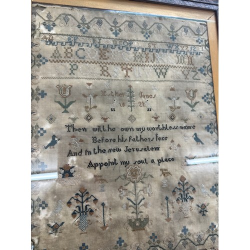 441C - Antique Georgian embroidery sampler Esther Jones 1821 frame measures 43 x 53cm