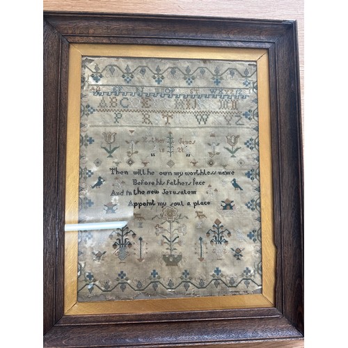 441C - Antique Georgian embroidery sampler Esther Jones 1821 frame measures 43 x 53cm