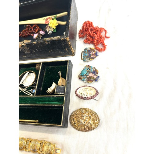 464 - Antique leather jewellery box containing assorted costume jewellery