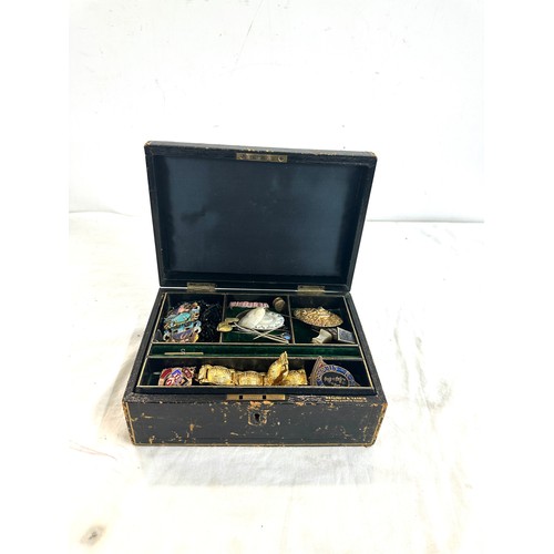 464 - Antique leather jewellery box containing assorted costume jewellery