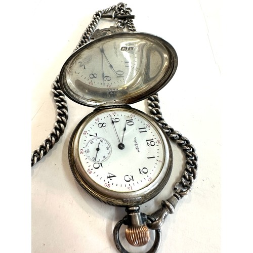 506 - Superb hallmarked double Albert sterling silver pocket watch chain with silver vesta and waltham ful... 