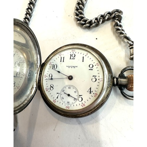 506 - Superb hallmarked double Albert sterling silver pocket watch chain with silver vesta and waltham ful... 