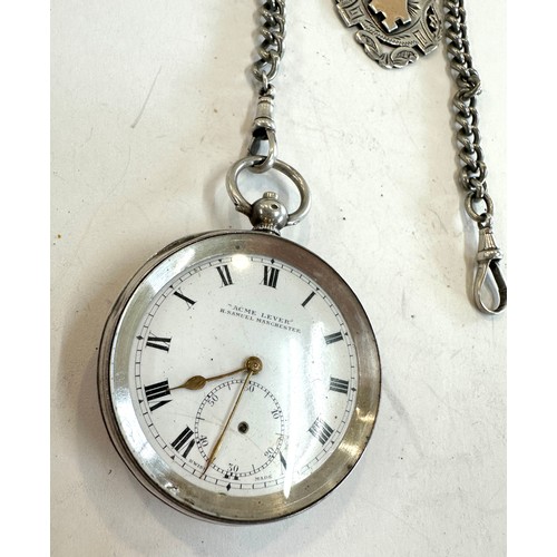 447 - Gents silver acme lever pocket watch complete with chain and fob