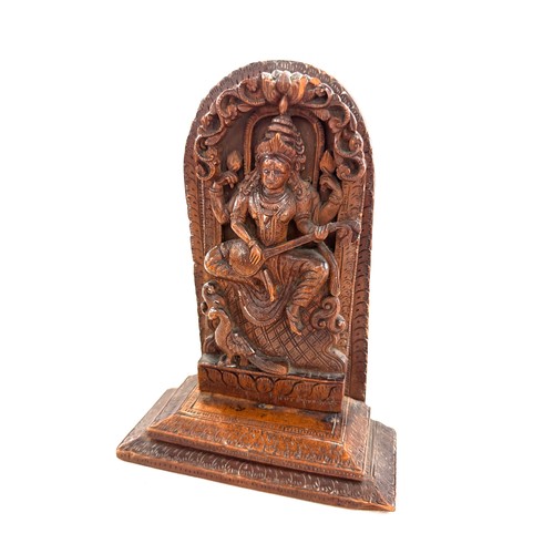 572 - Antique indian carved sandalwood? diety goddess devotional figure saraswati