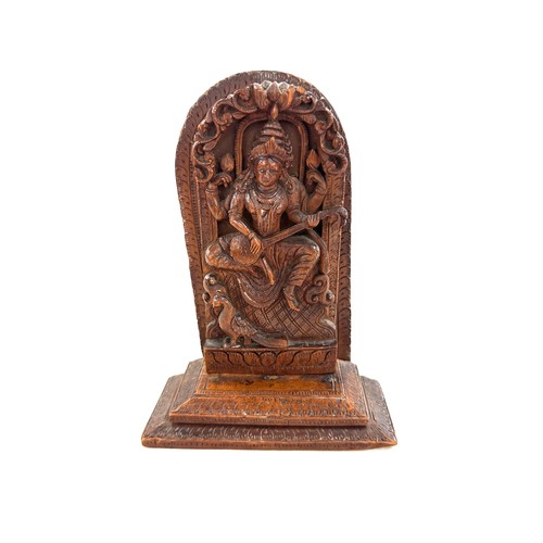 572 - Antique indian carved sandalwood? diety goddess devotional figure saraswati