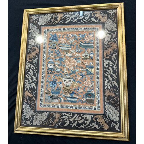 441B - Antique chinese silk embroidery panel framed