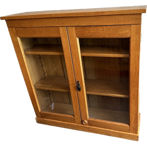 387 - Oak three shelf open glass bookcase with key measures approx 42 inches tall by 42 inches wide